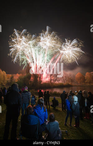 Stevenage, Hertfordshire, Regno Unito. Il 5 novembre 2012. Notte di fuochi d'artificio che commemora il fallito 'Grafico di polvere da sparo, un tentativo di far esplodere le Case del Parlamento nel 1605. Pubblico di fuochi d'artificio fornito da Stevenage Borough consiglio in un parco municipale. Foto Stock