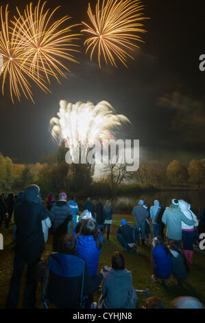 Stevenage, Hertfordshire, Regno Unito. Il 5 novembre 2012. Notte di fuochi d'artificio che commemora il fallito 'Grafico di polvere da sparo, un tentativo di far esplodere le Case del Parlamento nel 1605. Pubblico di fuochi d'artificio fornito da Stevenage Borough consiglio in un parco municipale. Foto Stock