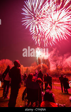 Stevenage, Hertfordshire, Regno Unito. Il 5 novembre 2012. Notte di fuochi d'artificio che commemora il fallito 'Grafico di polvere da sparo, un tentativo di far esplodere le Case del Parlamento nel 1606. Pubblico di fuochi d'artificio fornito da Stevenage Borough consiglio in un parco municipale. Foto Stock