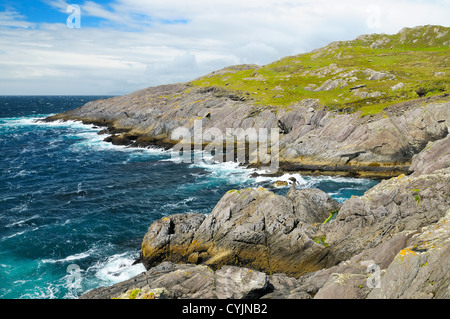 Vista dalla stazione della funivia a testa di corvo, Ballaghboy, Contea di Kerry, Irlanda. Foto Stock