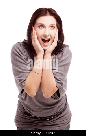 Bella sorpresa giovane donna, isolata contro uno sfondo bianco Foto Stock