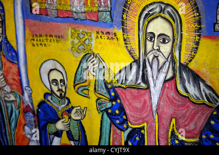 Murales nel XVI secolo il monastero cristiano e la chiesa, Zege Penisola, Lago Tana, Etiopia, Africa Foto Stock