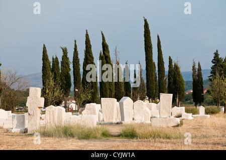 Lapidi medioevali Stecci alla necropoli Radimlja, vicino a Mostar, in Bosnia ed Erzegovina Foto Stock