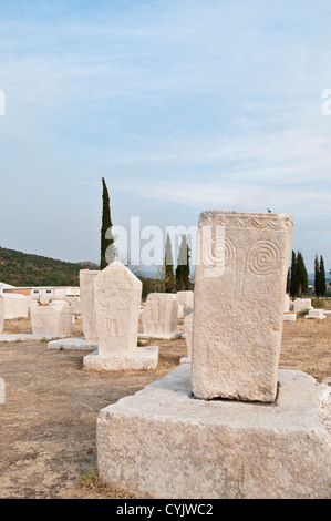 Lapidi medioevali Stecci alla necropoli Radimlja, vicino a Mostar, in Bosnia ed Erzegovina Foto Stock