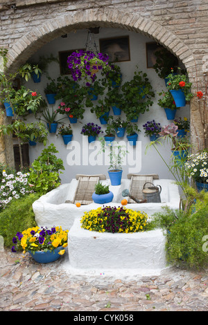 Tradizionale cortile andaluso pieno di piante e fiori e posto per il lavaggio di bordo a Cordoba, Spagna. Foto Stock