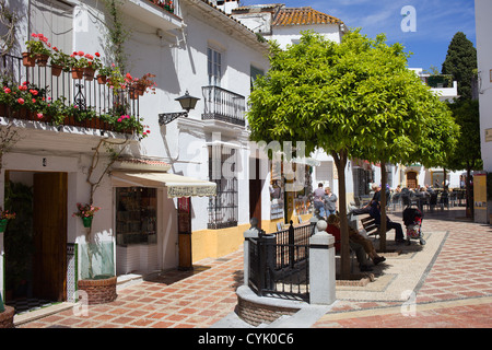 Case tradizionali e la piccola piazza con alberi di arancio nella città vecchia di Marbella, Spagna, regione Andalusia. Foto Stock
