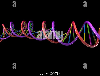 La doppia elica del DNA modello su sfondo nero - 3D render - Concetto di immagine Foto Stock