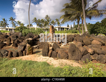 Elk284-7541 Hawaii, Kauai, Fiume Wailua parco statale, Hikina un Ka La Heiau, hawaiano antico luogo sacro tempio Foto Stock