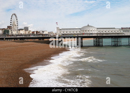 Il Brighton Pier e la Ruota vista di tutta la spiaggia di ciottoli. East Sussex. Inghilterra Foto Stock