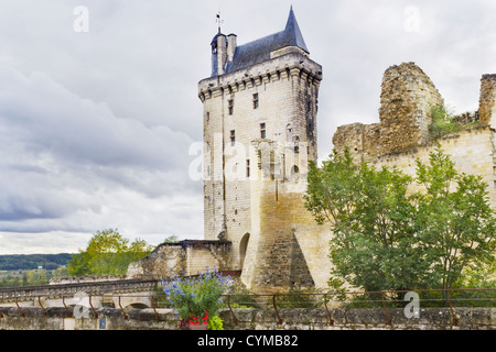 Vecchio rovinato dominio pubblico torre del castello e il mattone parete gialla sullo sfondo del cielo di autunno paesaggio Foto Stock