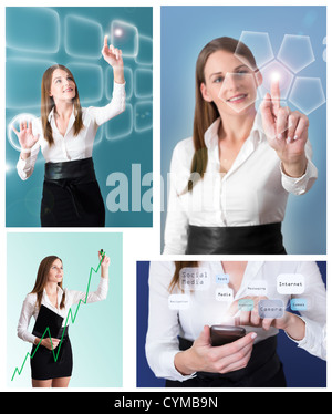 Collage di imprenditrice futuristico con quattro immagini diverse Foto Stock