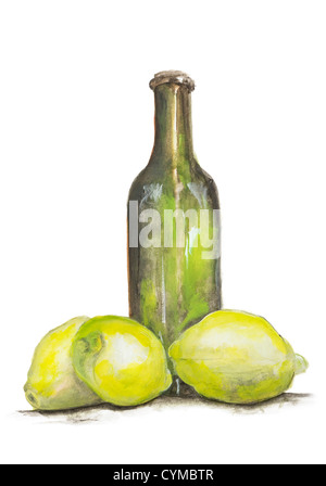 Limone giallo e vetro verde bottiglia di limonata ancora vita isolata -fatti a mano di pittura acrilica illustrazione su un foglio di carta bianca arte Foto Stock