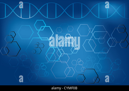 Il filamento di DNA e atomi di astratta su fondo azzurro Foto Stock