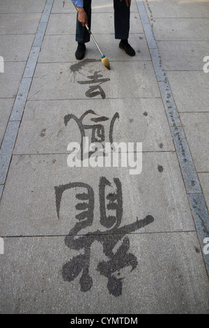 Un uomo che pratica la calligrafia con acqua su un sentiero nel Parco Beihai, Pechino, Cina Foto Stock