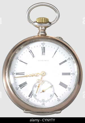 Kaiser Wilhelm II - un orologio di presentazione, per 37 anni di servizio. Un orologio tascabile in argento realizzato da 'Longines' con cerchi placcati oro rosa. Quadrante in smalto bianco con numeri romani, secondo piccolo in posizione '6' e mani dorate. Il coperchio porta un cifrario 'W' sotto una corona ed è inciso all'interno con: 'Gustav Schröder für gute Leistungen und bewährte gute Gesinnug während einer 37jährigen Dienstzeit als Arbeiter bei der Königlichen Gewehrfabrik Danzig'(Gustav Schröder per il buon risultato e la condotta meravigliosa durante un periodo di 37 anni di servizio come lavoro,diritti aggiuntivi-autorizzazioni-non disponibili Foto Stock