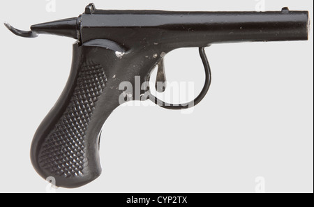 Una pistola ad aria Haviland & Gunn modello 1872,Cal.177,foro liscio. Caricatore con impugnatura interna a molla principale, clip a molla con dati brevettati 'Pat'd May 1872'. Gruppo fusto-impugnatura-telaio in ghisa verniciato nero. Vernice leggermente usurata. Lunghezza 14 cm. La pistola Haviland & Gunn è stata la prima arma da esplosione con il cilindro alloggiato all'interno della presa e può quindi essere considerato come il primo antenato di molte moderne pistole aeree, storico, secolo 19, arma pneumatica, armi, armi, armi, armi, armi, armi, armi, armi, militari, militaristi, oggetti, fermi, clipping, diritti aggiuntivi-clearences-non disponibili Foto Stock