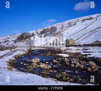 Fiume wharfe fluente attraverso langstrothdale nella stagione invernale Yorkshire Dales Regno Unito Foto Stock