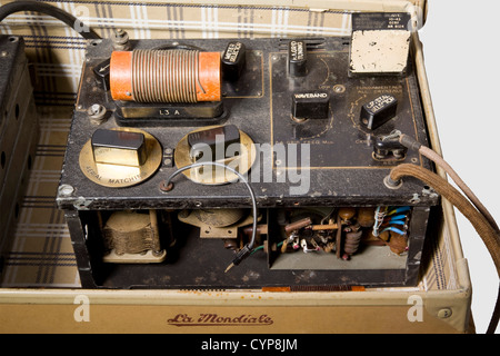 Una radio 3 MKII('B2') del British Special Operation Executive (SOE), dalla seconda guerra mondiale. Composto da due elementi: La sonda(1944)e il ricevitore(modello 3/II,manca una manopola). La chiave Morse in miniatura era probabilmente sulla copertura di 'scatola di arresto', anche 'l'alimentatore' è assente. Tre "piastre al quarzo" 1943 (per la regolazione della frequenza, stampigliate "AM" per Air Ministry), una "unità al quarzo D C-11-e grado C" (stampigliate "AM" e "US Signal Corps"), quattro bobine oscillanti "L2 A/B" per la modifica della frequenza, cuffie "GB CLR" e custodia civile incluse. Co,Additional-Rights-Clearences-non disponibile Foto Stock