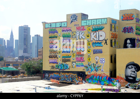 Graffiti su un blocco città nel Queens, a New York City. America. Foto Stock