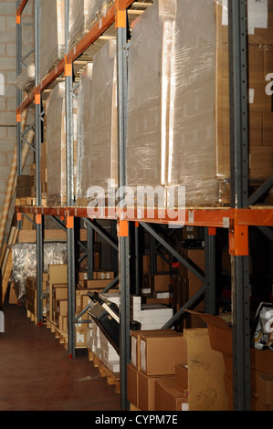 File di scatole e confezioni sugli scaffali in un magazzino in attesa di essere spedito da qualche parte Foto Stock