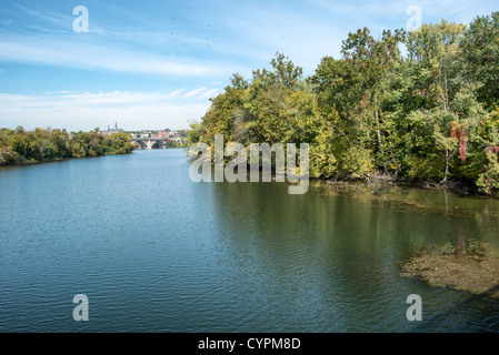 WASHINGTON, D.C. — Theodore Roosevelt Island si trova nel mezzo del fiume Potomac, con Georgetown visibile in lontananza sulla riva orientale. L'isola, un memoriale nazionale dedicato al 26° presidente degli Stati Uniti, fa ufficialmente parte del Distretto di Columbia, mentre Arlington, Virginia, è visibile sulla riva sinistra. Il confine tra la Virginia e il Distretto di Columbia attraversa questo canale. L'isola boscosa di 88 acri funge sia da monumento commemorativo che da riserva naturale, accessibile solo tramite passerella pedonale dal lato della Virginia. Foto Stock