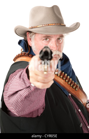 Chubby cowboy con pistola su sfondo bianco Foto Stock