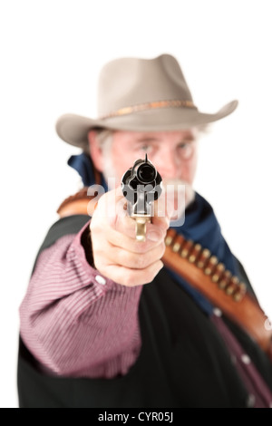 Chubby cowboy con pistola su sfondo bianco Foto Stock