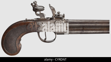 Una pistola tascabile a flintlock a doppia canna, circa 1810. Fusti di spegnimento in altezza e in sottopiedi, calibro 10.5 mm, con impresso '3' e '4'. Blocco a cassetta con battitacco e marchio Liegi, inciso con poco e inciso 'Dumanest a Paris', impugnatura in noce finemente scamolata e intagliata. Le superfici metalliche leggermente macchiate,tracce di utilizzo. Lunghezza 23 cm, storico, storico, XIX secolo, pistola civile, pistole civili, portatile, pistola, armi, arma da fuoco, armi da fuoco, armi da fuoco, armi, armi, arma, armi, oggetti, fermi, clipping, ritaglio, ritaglio, ritaglio, ritaglio, autorizzazioni aggiuntive-non disponibili Foto Stock