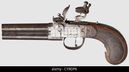 Una pistola tascabile a flintlock a doppia canna, circa 1810. Fusti di spegnimento in altezza e in sottopiedi, calibro 10.5 mm, con impresso '3' e '4'. Blocco a cassetta con battitacco e marchio Liegi, inciso con poco e inciso 'Dumanest a Paris', impugnatura in noce finemente scamolata e intagliata. Le superfici metalliche leggermente macchiate,tracce di utilizzo. Lunghezza 23 cm, storico, storico, XIX secolo, pistola civile, pistole civili, portatile, pistola, armi, arma da fuoco, armi da fuoco, armi da fuoco, armi, armi, arma, armi, oggetti, fermi, clipping, ritaglio, ritaglio, ritaglio, ritaglio, autorizzazioni aggiuntive-non disponibili Foto Stock
