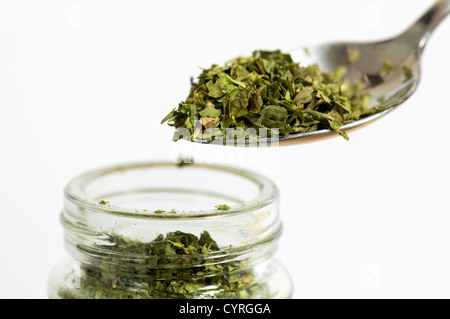 Close up di un cucchiaino di coriandolo essiccato foglia contro uno sfondo bianco tenuto sopra un vaso aperto Foto Stock