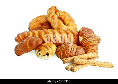 Diversi di pane bianco, panini con semi di papavero e uvetta, sfogliatine, grissini isolati su sfondo bianco Foto Stock