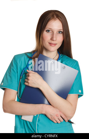 Il ritratto di tipo medico donna in divisa verde Foto Stock