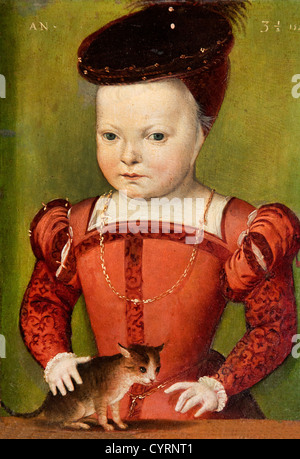 Ritratto presunto essere re Roi Charles IX 1550-74 giocando con un gatto 1553Le Mannier Germain Francia - Francese Foto Stock