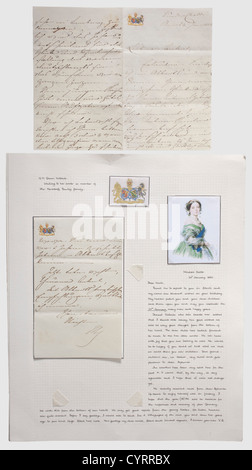 Regina Vittoria di Gran Bretagna (1819-1901), una lettera manoscritta in tedesco datata 24 gennaio 1850 UNA lettera della Regina Vittoria dalla Casa di Hannover al suo zio materno Emanuel Graf von Mensdorff-Pouilly (24 gennaio 1777 - 28 giugno 1852 a Vienna) congratulandosi con lui per il suo 73esimo compleanno.la lettera di cinque pagine manoscritta in inchiostro, scritta in tedesco in Castello di Windsor che termina con le linee '...jetzt lebe wohl,theurer Onkel,mit Alberts herzlichen Emfehlungen,verbleibe ich immer,Ihre treue Nichte' e Victoria's Signature.on carta-nota reale con filigrana,diritti aggiuntivi-clearences-non disponibile Foto Stock