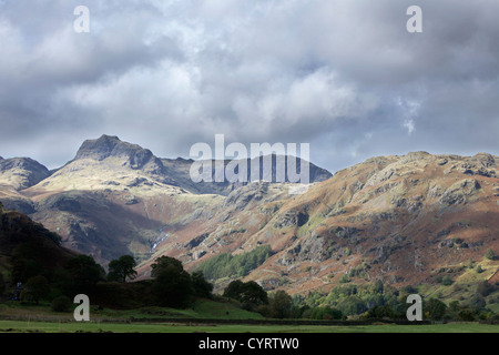 Langdale Pikes dal grande Langdale nel Parco Nazionale del Distretto dei Laghi, Cumbria, England, Regno Unito Foto Stock