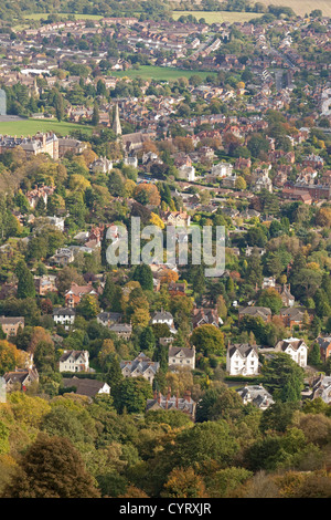 Malvern Wells città dalla Malvern Hills in autunno, Worcestershire, England, Regno Unito Foto Stock