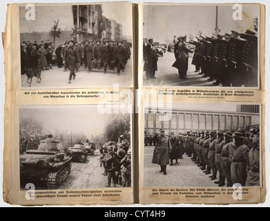 Quattro album fotografici di un'agenzia fotografica del 3° Reich, immagini di grande formato con descrizioni quattro album fotografici di grande formato (30 x 43 cm) per un totale di circa 730 foto di qualità eccezionale, soprattutto in formato 18 x 24 cm, incollate e commentate. Foto molto impressionanti del periodo del terzo Reich, con politico, militare (campagne contro Polonia, Francia, ecc.), arti, sport e film immagini. Ispezione consigliata. Un interessante gruppo con foto di qualità, storico, storico, persone, anni trenta, 20 ° secolo, NS, nazional socialismo, nazismo, T, diritti aggiuntivi-clearences-non disponibile Foto Stock