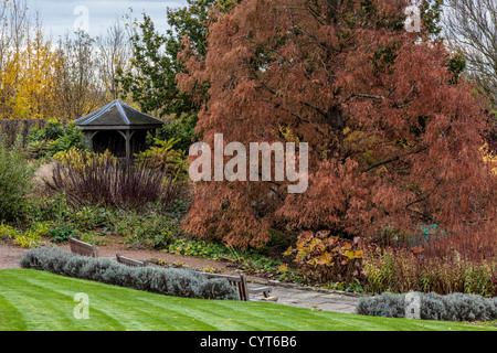 Gazebo vicino al laghetto superiore in Hyde Hall Gardens Foto Stock