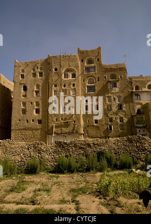 Parte anteriore di uno a quattro piani edificio di adobe in Amran, Yemen Foto Stock