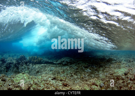 Onde che si infrangono sulla barriera corallina, visto da sotto la superficie, Palikir Pass, Pohnpei, Stati Federati di Micronesia Foto Stock