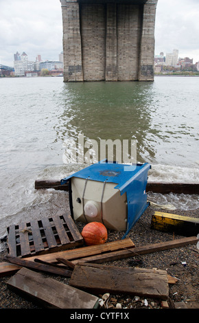 I detriti che è lavato fino sulla riva del fiume Est a Manhattan sotto il ponte di Brooklyn dall uragano di sabbia. Foto Stock
