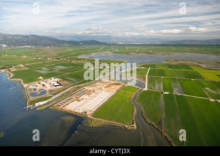 Vista aerea della laguna Encanyissada drain, Amposta, delta del fiume Ebro, parco naturale, Tarragona Foto Stock