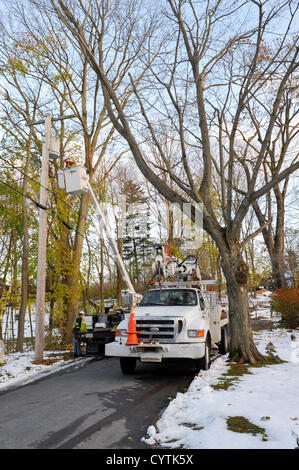 USA, 9 novembre 2012: Sandy Day 11 - equipaggi provenienti da tutta l'America danno una mano nella contea di Westchester, New York. A sinistra, Jimmy Libby (in alto) e ed Lewando (in piedi) di e&e Electrical Inc. Provenivano da Boston Massachusetts per aiutare la società di servizi con Edison a ripristinare l'energia dopo l'uragano Sandy a Chappaqua New York per i residenti che sono stati senza calore ed elettricità per 11 giorni. A sinistra, un camion della MDR Construction Inc di Columbia, Mississippi, parte dopo aver sostituito i pali della luce abbattuti dalla supertempesta Sandy. © Marianne A. Campolongo/Alamy News Foto Stock