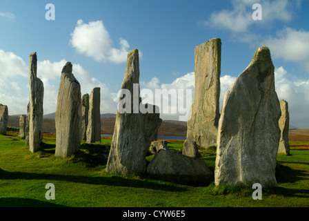 Gruppo centrale di standing pietre di Callanish (Calanais) sull'isola di Lewis nelle Ebridi Esterne, Scozia. Foto Stock