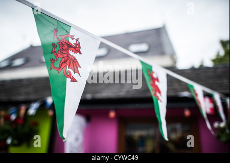 BEAUMARIS, Galles: Una vivace serie di bandiere gallesi adorna le strade di Beaumaris sull'isola di Anglesey, aggiungendo un'atmosfera festosa e patriottica a questa pittoresca città costiera. Le bandiere rosse del drago, note come Y Ddraig Goch, sbattono sullo sfondo di edifici storici, simboleggiando l'orgoglio gallese e il patrimonio culturale, esaltando il fascino di questa popolare destinazione turistica. Foto Stock