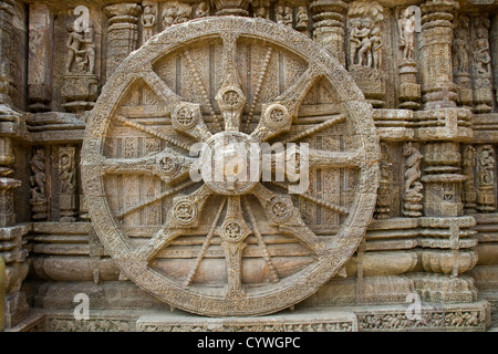 Dettaglio s di RIM, raggi e assale sul carro mola di pietra a Sun tempio, Konark, Orissa, India, Asia Foto Stock