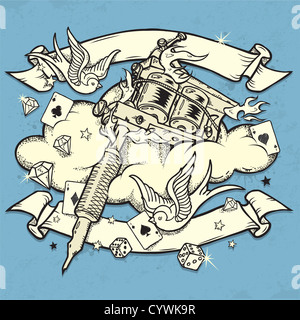 Tattoo Machine illustrazione con diversi elementi in stile vecchia scuola Foto Stock