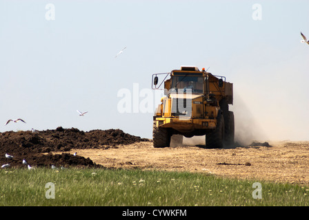 Grandi macchine movimento terra che coprono oltre un vecchio paese sito di riempimento in Inghilterra. Foto Stock