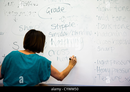 Un insegnante di arte di scrittura termini parole sulla scheda in una scuola secondaria, Wales UK Foto Stock