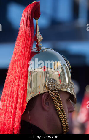 Il papavero e la nuova biblioteca di Birmingham edificio ar riflessa in un casco bandsmans. Durante il ricordo Parade di Birmingam. Foto Stock